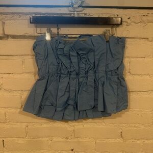 Blue Strapless Ruffle Top